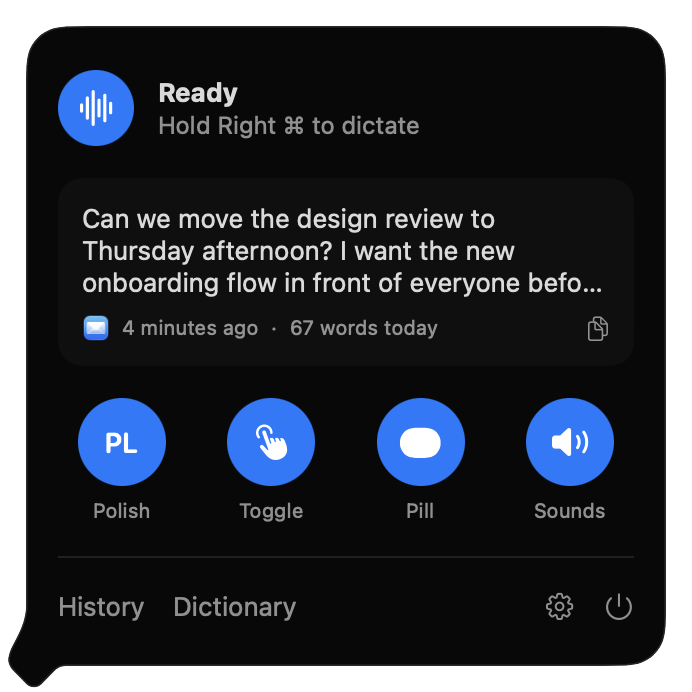 The Warble menu bar panel