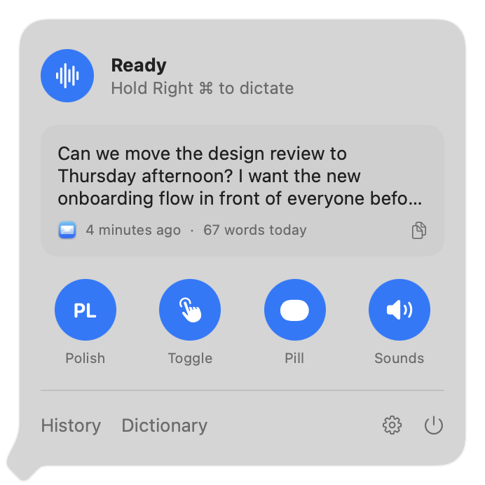 The Warble menu bar panel