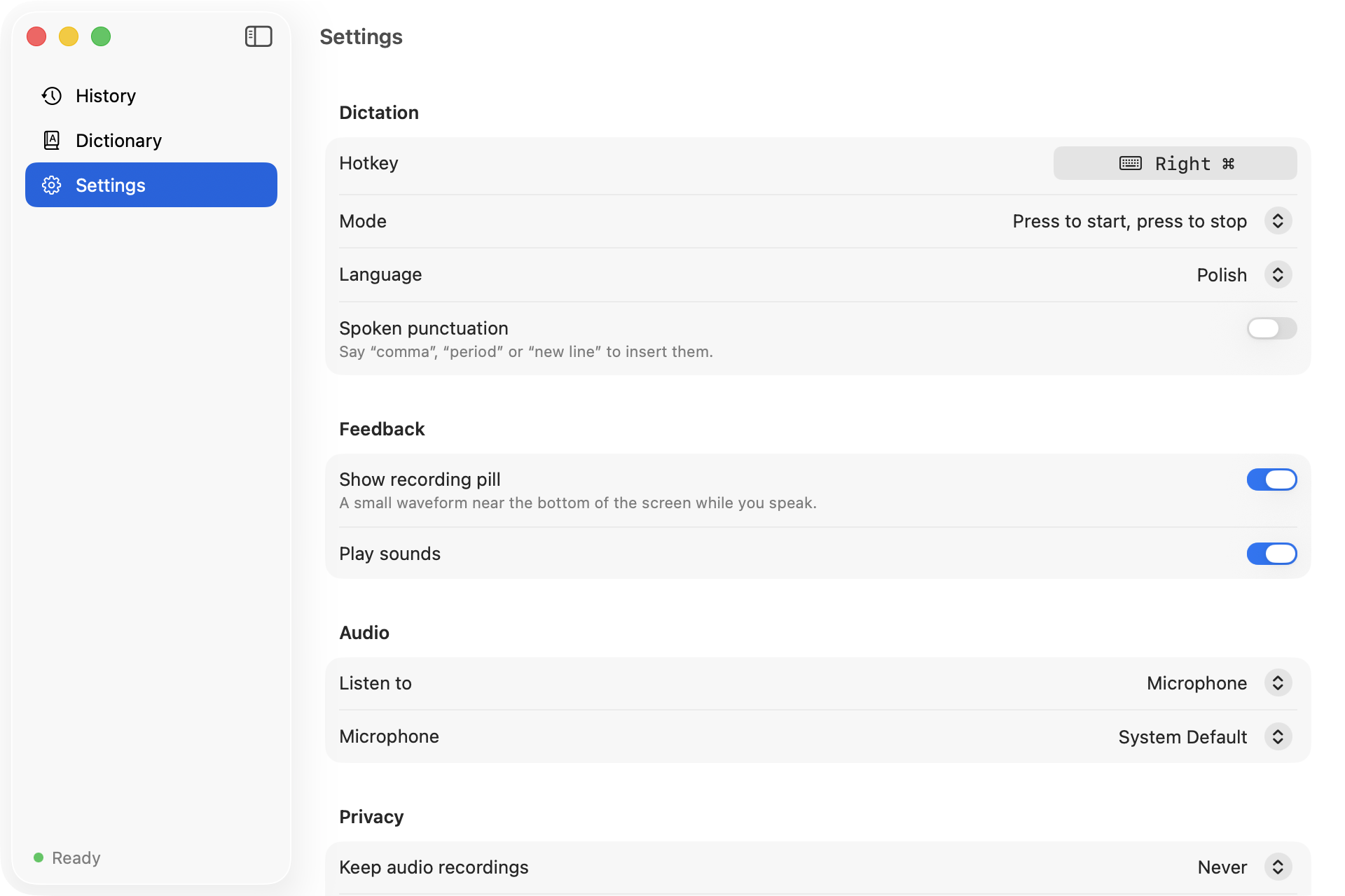 Settings form